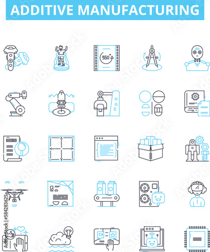 Additive manufacturing vector line icons set. 3D printing, Additive, Manufacturing, Rapid, Prototyping, Layer, STL illustration outline concept symbols and signs