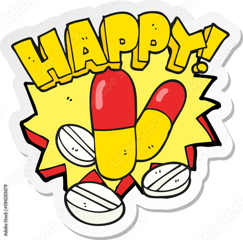 sticker of a cartoon happy pills