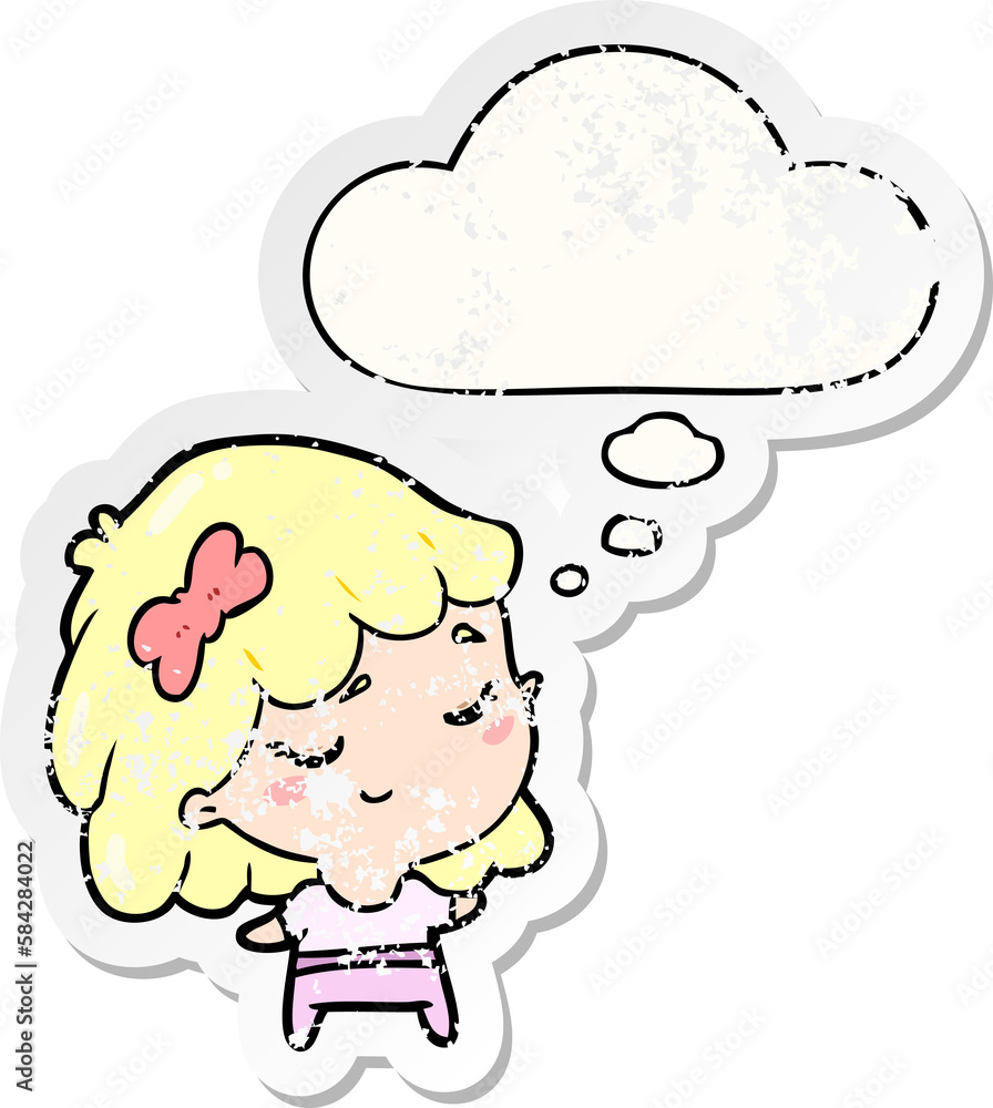 cartoon happy girl and thought bubble as a distressed worn sticker cartoon happy girl and thought bubble as a distressed worn sticker