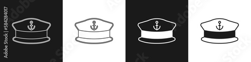 Set Captain hat icon isolated on black and white background. Vector