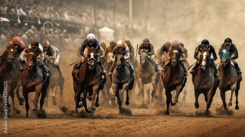 Fényképezés Kentucky derby horse racing. Generative AI illustration.
