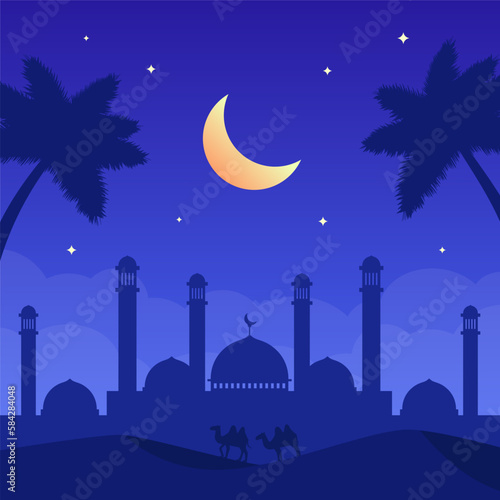 A blue night scene with a mosque and palm trees. Square Background for Social Media Post, Moslem Festival and Ramadhan Celebration