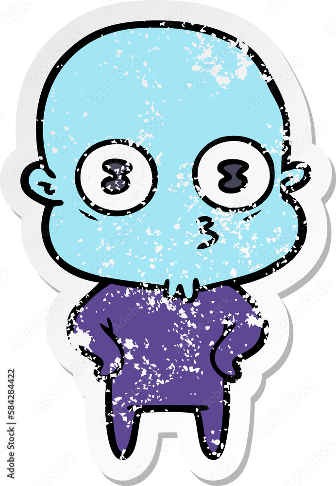 distressed sticker of a cartoon weird bald spaceman distressed sticker of a cartoon weird bald spaceman