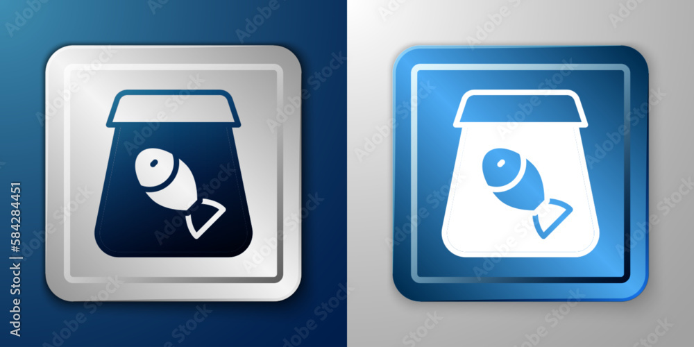 White Online ordering and fast food delivery with fish icon isolated on blue and grey background. Silver and blue square button. Vector White Online ordering and fast food delivery with fish icon isolated on blue and grey background. Silver and blue square button. Vector