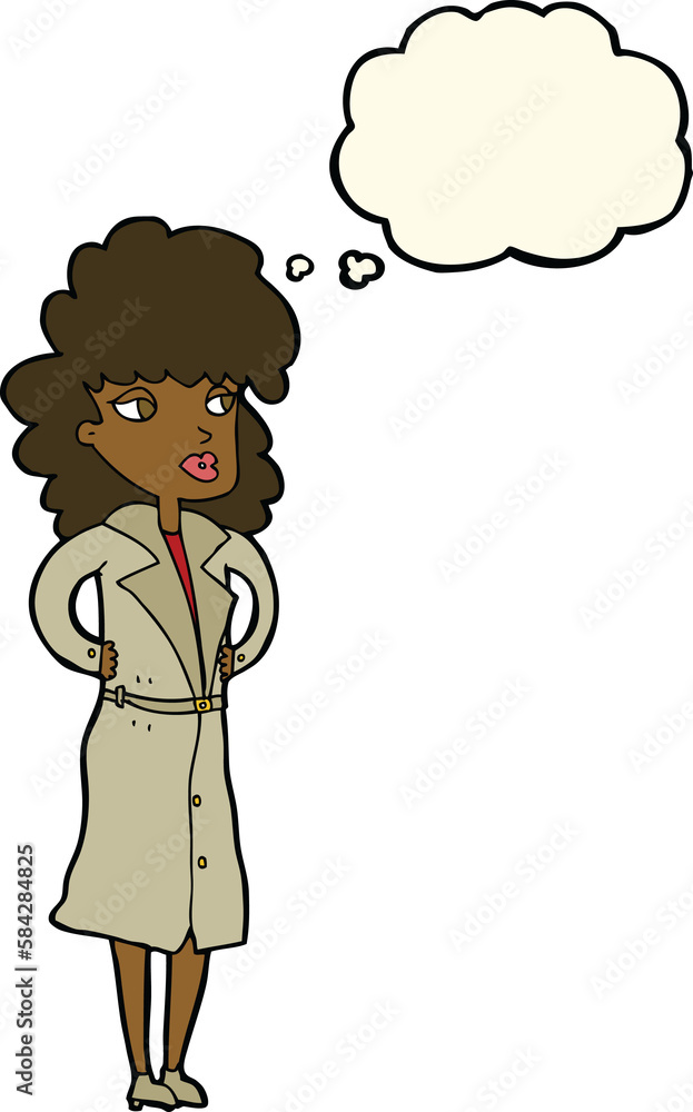 cartoon woman in trench coat with thought bubble