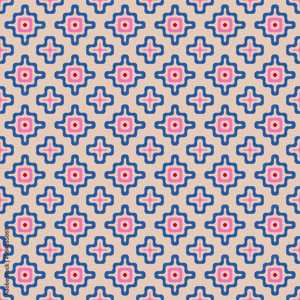Fototapeta premium Vector geometric seamless pattern with wavy shapes, flower silhouettes. Simple abstract background in pink, blue, red and beige color. Cute funky colorful texture. Modern repeat decorative design