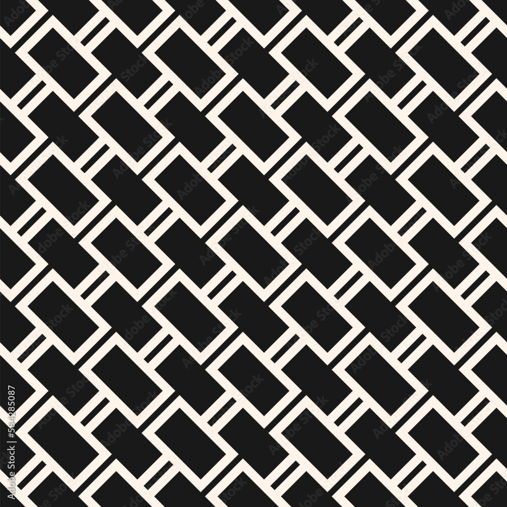 Vector geometric seamless pattern. Abstract monochrome background with diagonal lines, rectangles, grid, brick wall texture. Black and white graphic pattern. Simple repeat design for decor, print