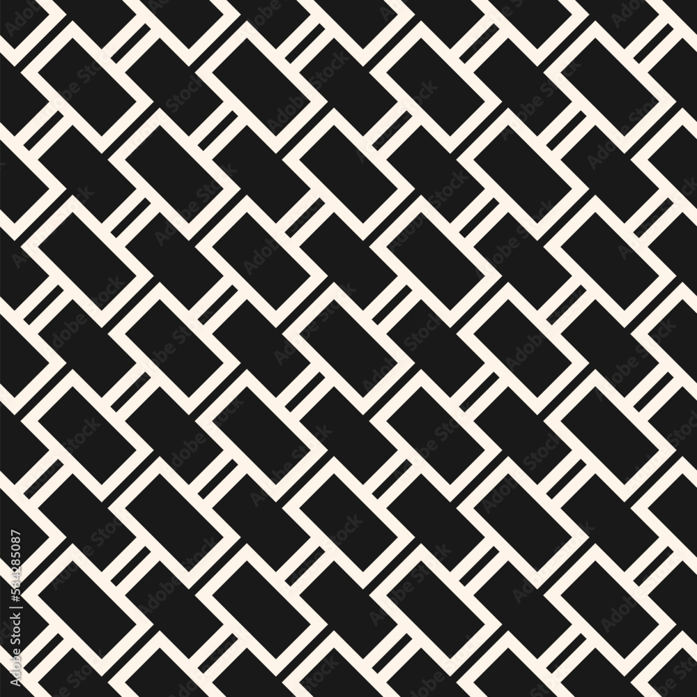 Vector geometric seamless pattern. Abstract monochrome background with diagonal lines, rectangles, grid, brick wall texture. Black and white graphic pattern. Simple repeat design for decor, print Vector geometric seamless pattern. Abstract monochrome background with diagonal lines, rectangles, grid, brick wall texture. Black and white graphic pattern. Simple repeat design for decor, print