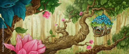 Illustration of a fairytale background, a forest with an elf house, pink flowers, Background for the animation of an elf forest. (ID: 584285050)