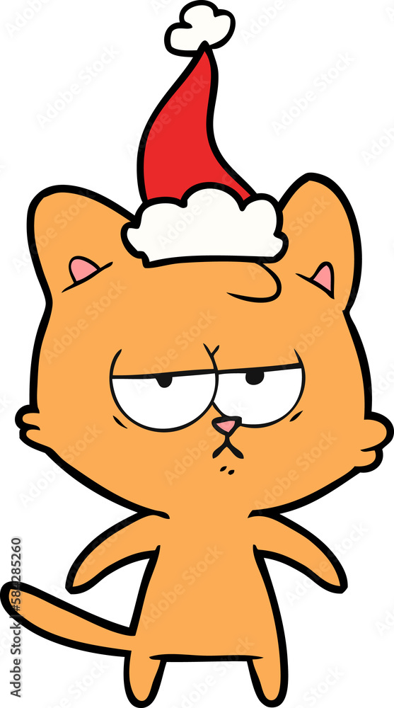bored line drawing of a cat wearing santa hat