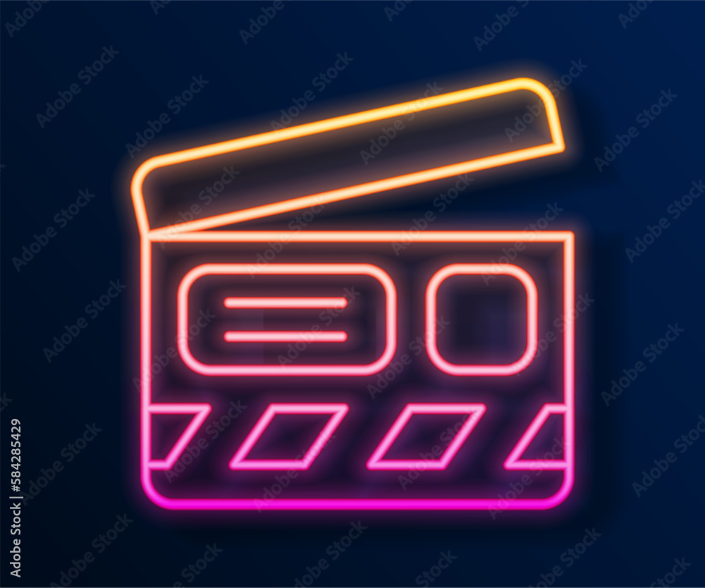 Glowing neon line Movie clapper icon isolated on black background. Film clapper board. Clapperboard sign. Cinema production or media industry. Vector Glowing neon line Movie clapper icon isolated on black background. Film clapper board. Clapperboard sign. Cinema production or media industry. Vector
