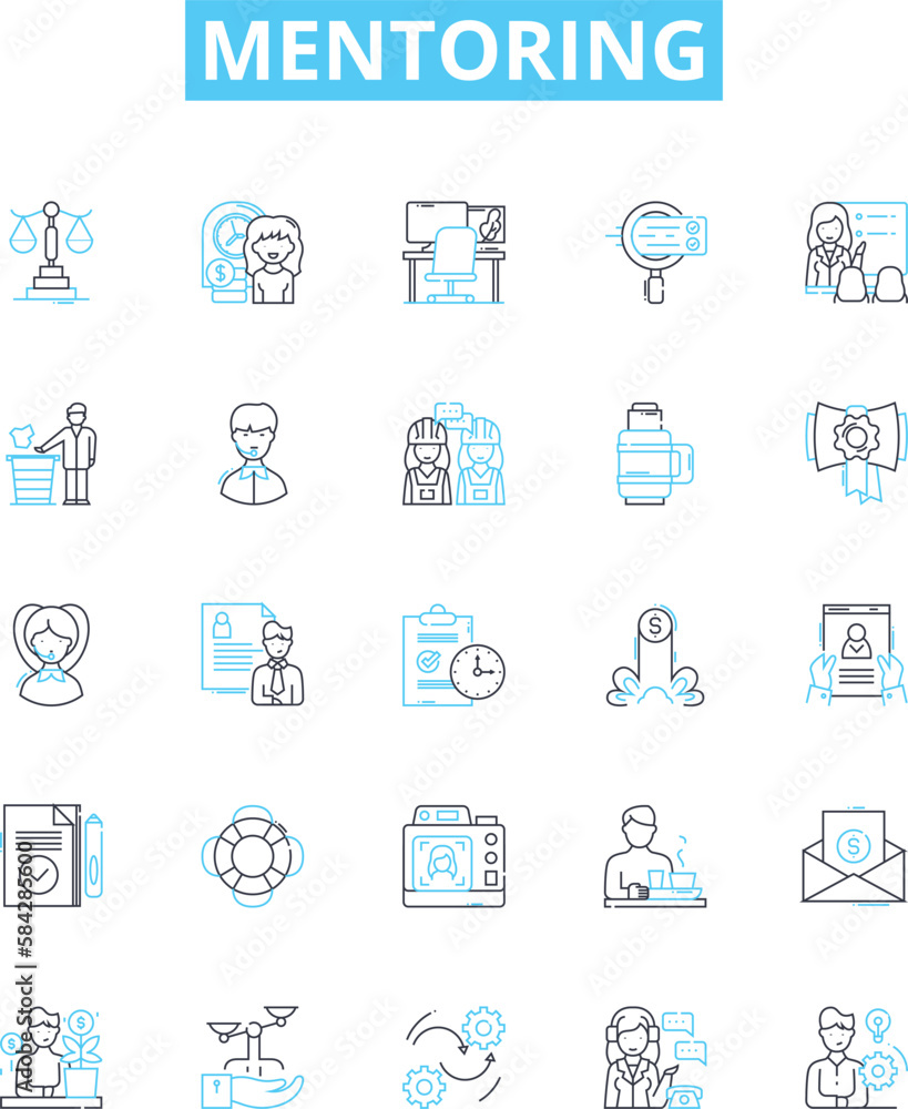 Mentoring vector line icons set. Counseling, advising, tutoring, guiding, coaching, support, teaching illustration outline concept symbols and signs Mentoring vector line icons set. Counseling, advising, tutoring, guiding, coaching, support, teaching illustration outline concept symbols and signs