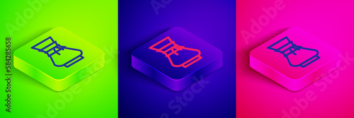 Isometric line Pour over coffee maker icon isolated on green, blue and pink background. Alternative methods of brewing coffee. Coffee culture. Square button. Vector