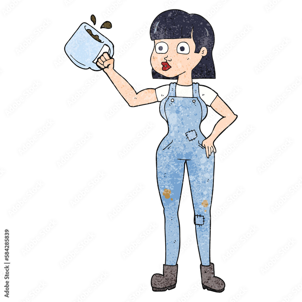 textured cartoon female worker with coffee mug textured cartoon female worker with coffee mug