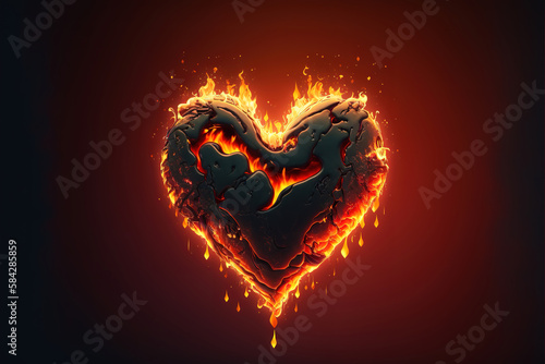 Burning heart of fire flame on dark red background  love  passion  generative ai.