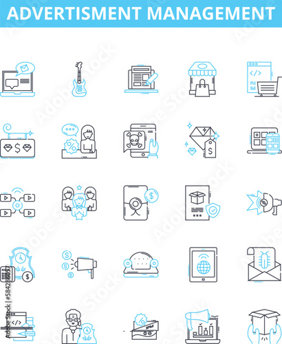 Advertisment management vector line icons set. Advertising, Management, Strategy, Impacts, Audience, Targeting, Plan illustration outline concept symbols and signs