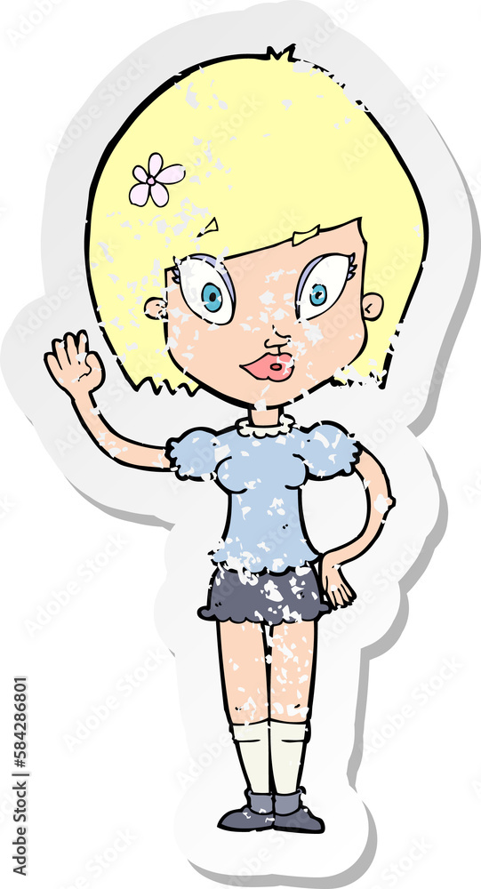 retro distressed sticker of a cartoon pretty girl waving retro distressed sticker of a cartoon pretty girl waving