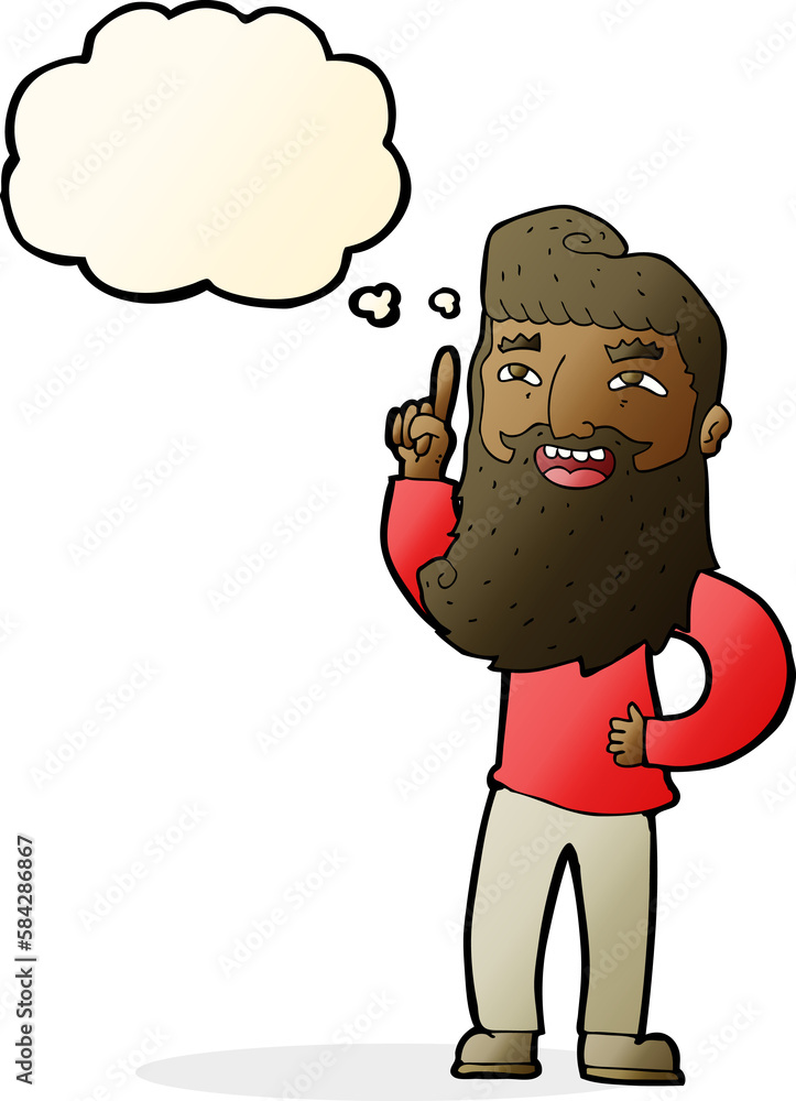 cartoon happy bearded man with idea with thought bubble cartoon happy bearded man with idea with thought bubble