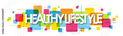 HEALTHY LIFESTYLE colorful vector banner with keywords 