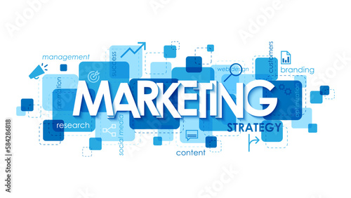 MAREKTING STRATEGY blue vector business concept banner with keywords and icons