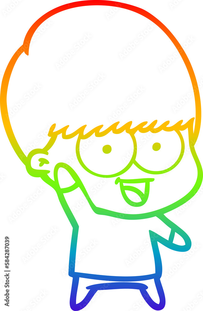 rainbow gradient line drawing happy cartoon boy waving