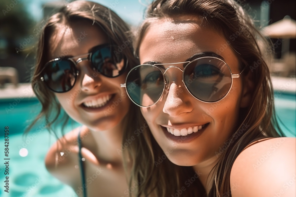 Portrait of two young tanned women having fun in the water in summer. Generative AI Portrait of two young tanned women having fun in the water in summer. Generative AI