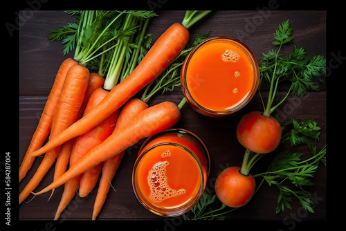 Carrot juice and fresh carrots. Generative AI.