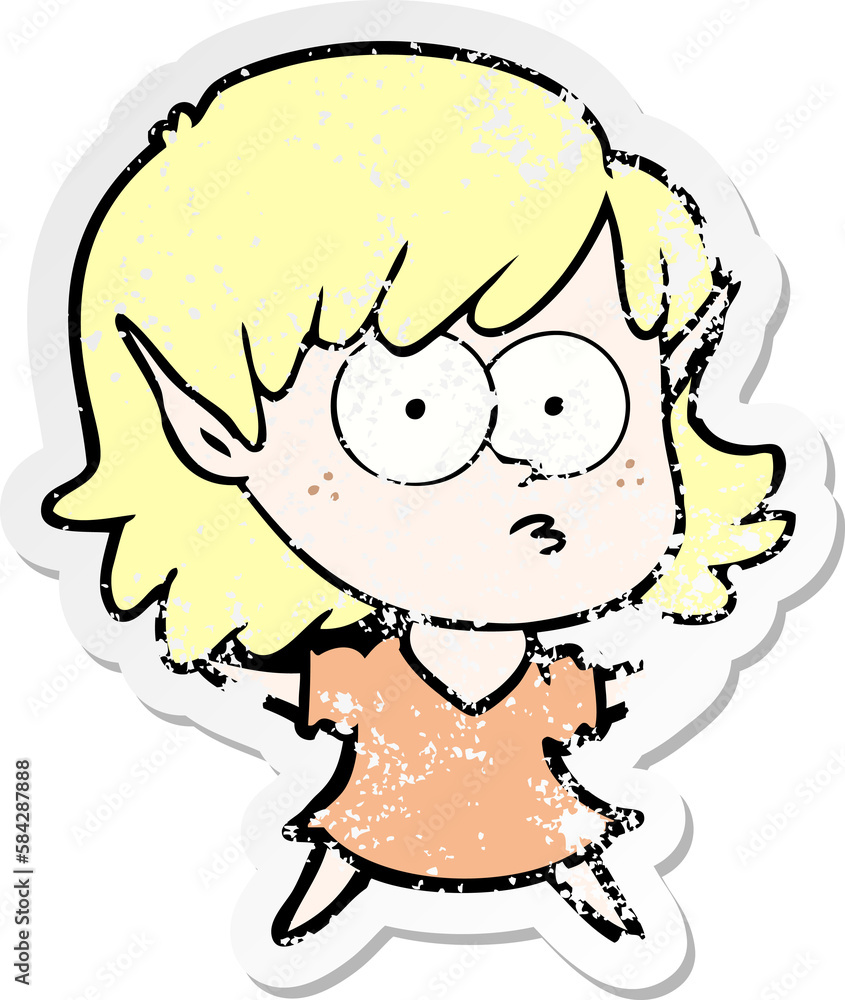 distressed sticker of a cartoon elf girl staring distressed sticker of a cartoon elf girl staring