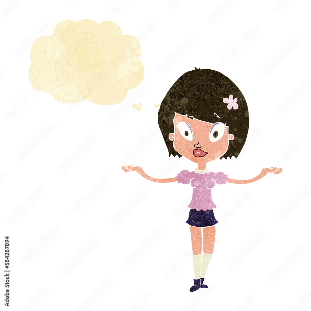 cartoon woman making balancing gesture with thought bubble cartoon woman making balancing gesture with thought bubble