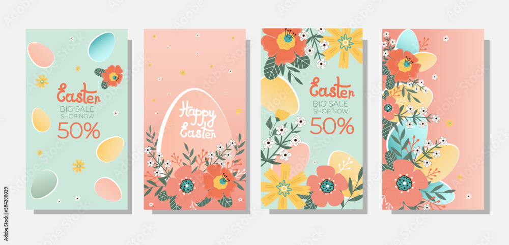 Happy easter. Set sale banners. Flowers with the easter egg on blue and pink background. Can be add text. Happy easter. Set sale banners. Flowers with the easter egg on blue and pink background. Can be add text.