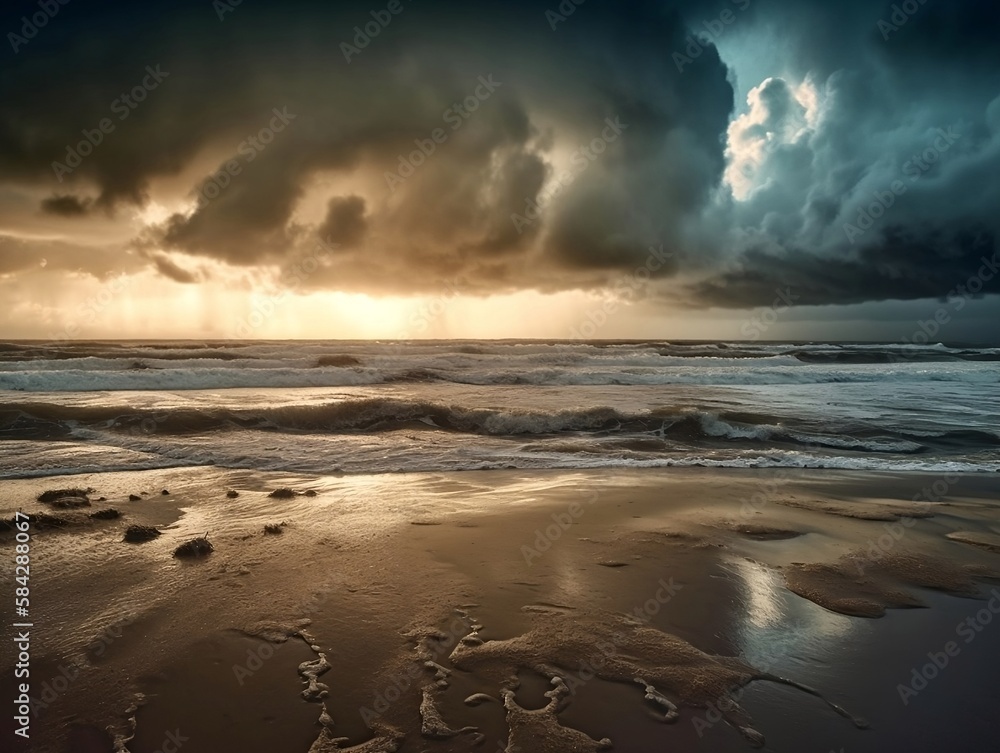 A serene and atmospheric photograph of a beautiful beach under a cloudy sky, with just a hint of sunlight breaking through the clouds, casting a warm, golden glow on the scene. The gentle waves lap ag