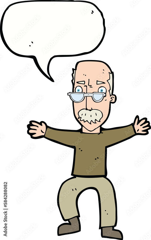 cartoon old man waving arms with speech bubble