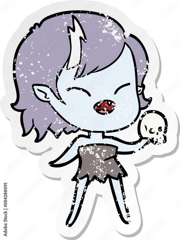 distressed sticker of a cartoon laughing vampire girl with skull distressed sticker of a cartoon laughing vampire girl with skull