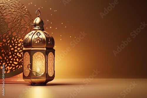 Islamic gold lantern stands with candle light ornament ramadan kareem green background generated AI