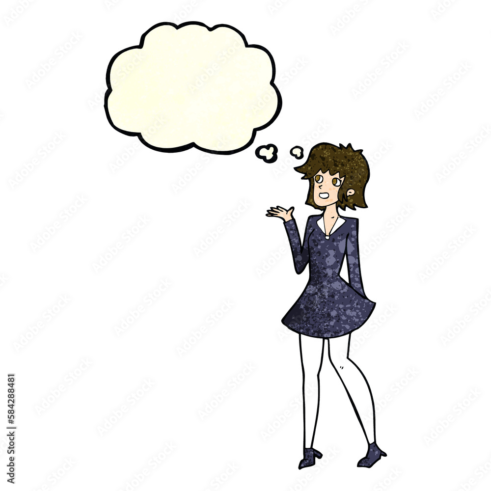 cartoon pretty woman in dress with thought bubble cartoon pretty woman in dress with thought bubble