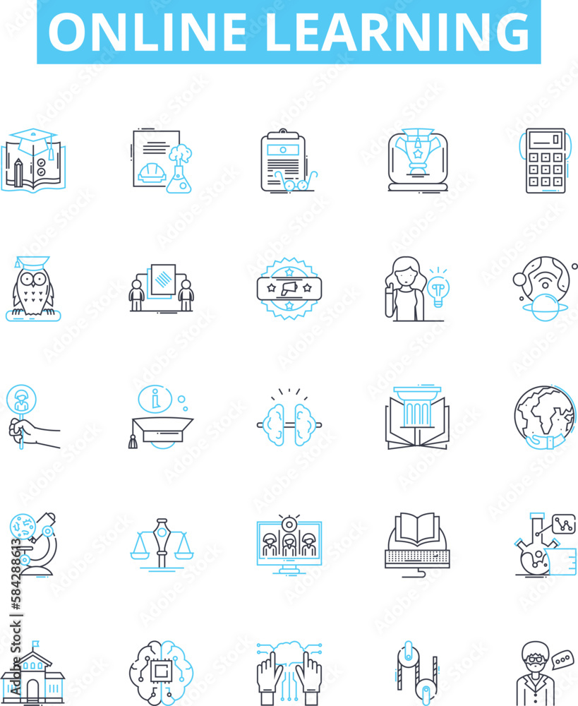 Online learning vector line icons set. eLearning, virtual, remote, digital, online, courses, tutoring illustration outline concept symbols and signs Online learning vector line icons set. eLearning, virtual, remote, digital, online, courses, tutoring illustration outline concept symbols and signs