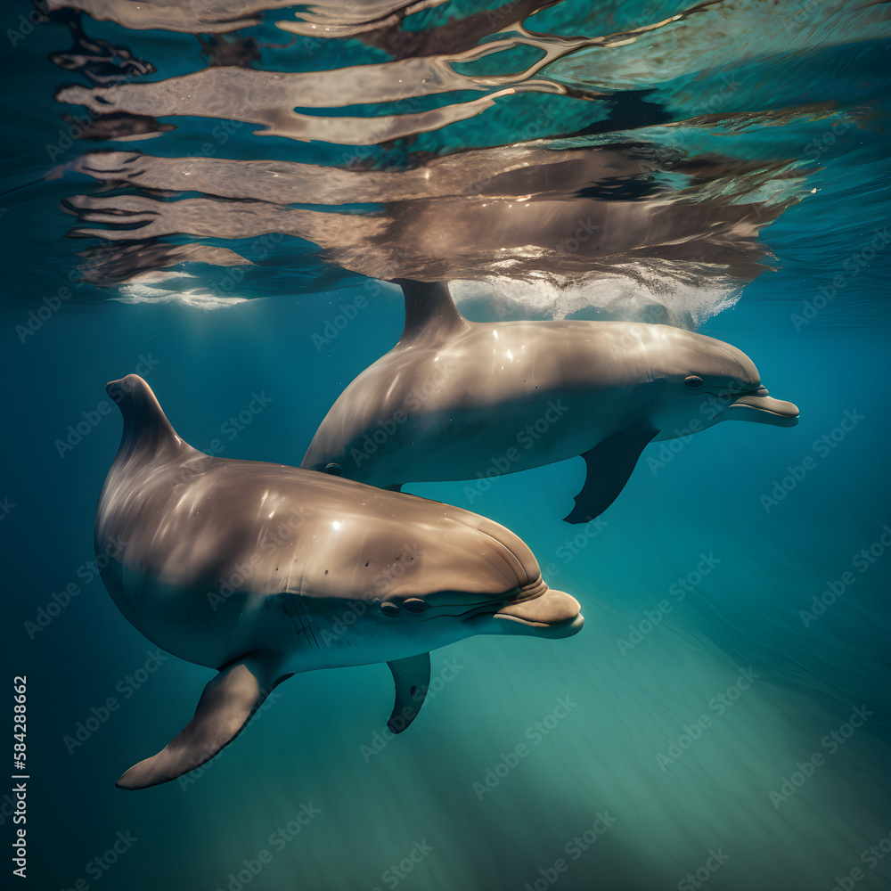 Naklejka premium dolphin underwater on blue ocean backgroundAi generative