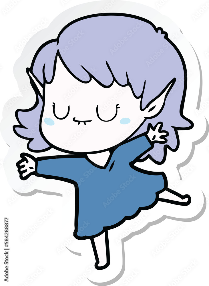 sticker of a happy cartoon elf girl wearing dress sticker of a happy cartoon elf girl wearing dress