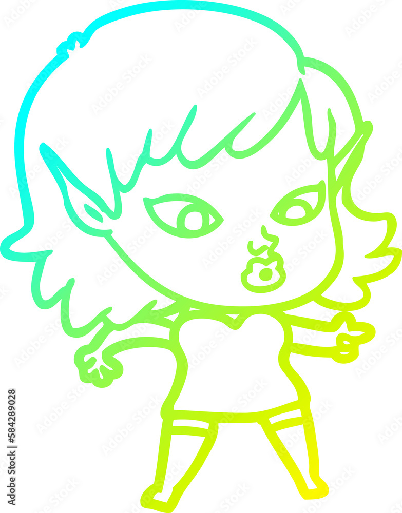 cold gradient line drawing pretty cartoon elf girl