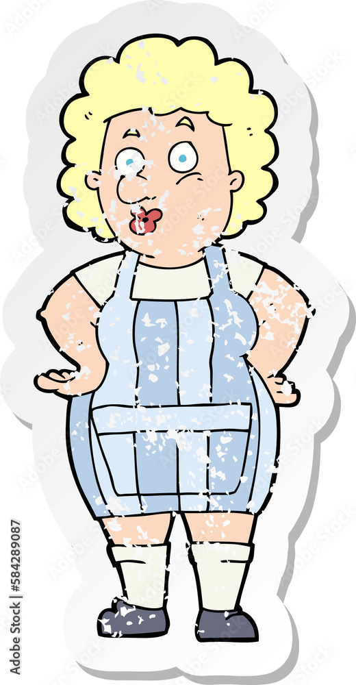 retro distressed sticker of a cartoon woman in kitchen apron