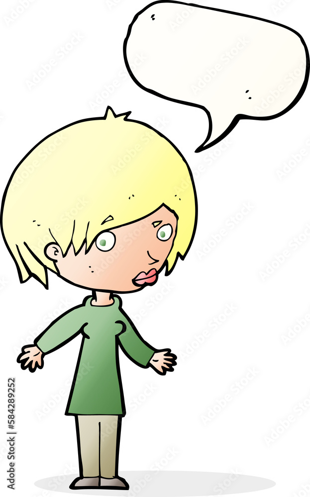 cartoon woman shrugging shoulders with speech bubble cartoon woman shrugging shoulders with speech bubble