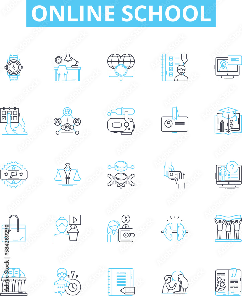 online school vector line icons set. e-learning, virtual, online, education, classes, academy, platform illustration outline concept symbols and signs