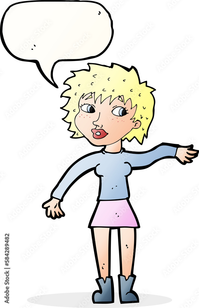cartoon friendly woman waving with speech bubble cartoon friendly woman waving with speech bubble