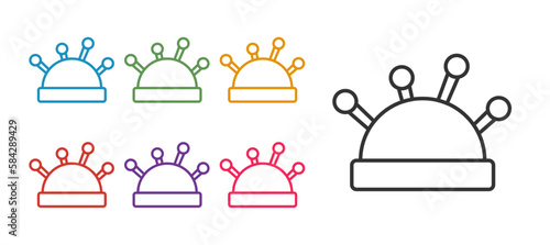 Set line Needle bed and needles icon isolated on white background. Handmade and sewing theme. Set icons colorful. Vector