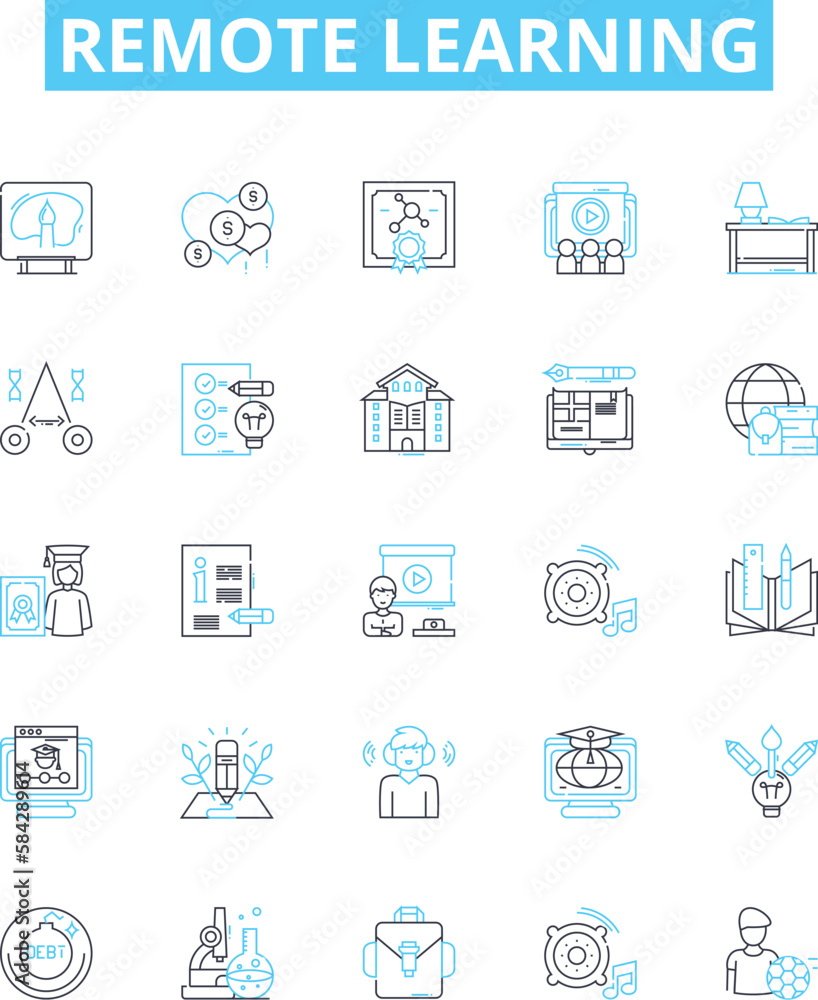 Remote learning vector line icons set. Remote, Learning, Online, Education, Teleclass, Videoconferencing, Webinar illustration outline concept symbols and signs