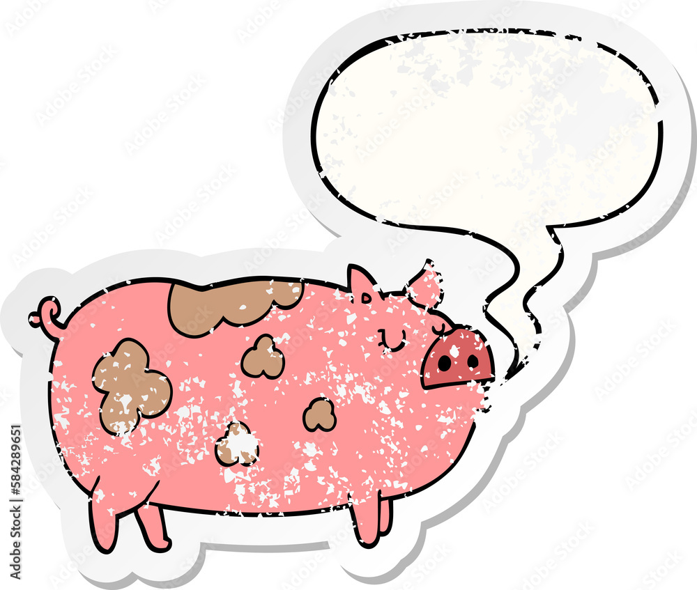 cartoon pig and speech bubble distressed sticker cartoon pig and speech bubble distressed sticker