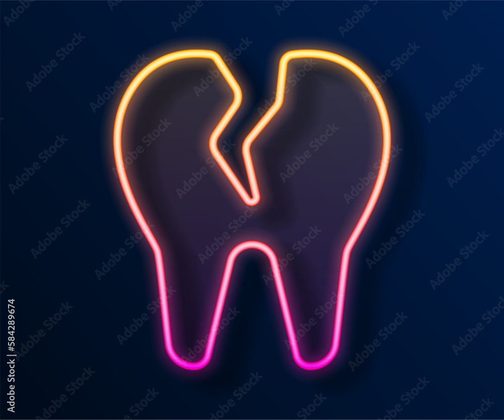 Glowing neon line Broken tooth icon isolated on black background. Dental problem icon. Dental care symbol. Vector Glowing neon line Broken tooth icon isolated on black background. Dental problem icon. Dental care symbol. Vector
