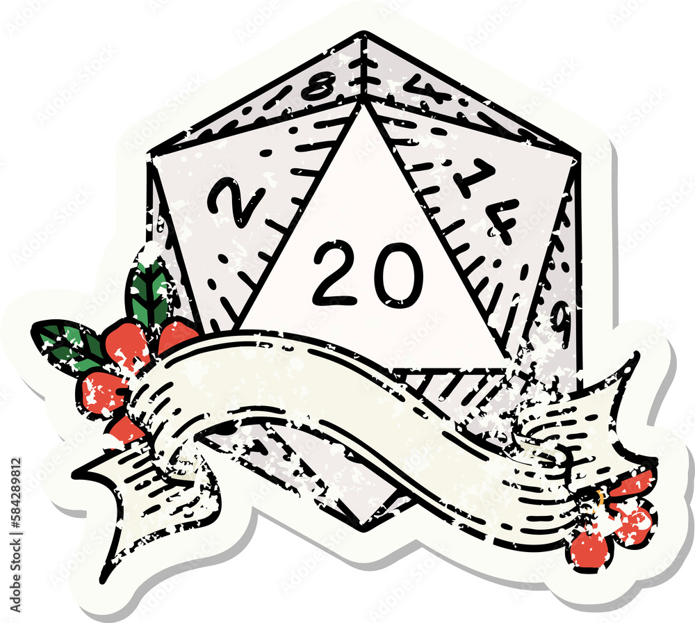 natural twenty D20 dice roll grunge sticker