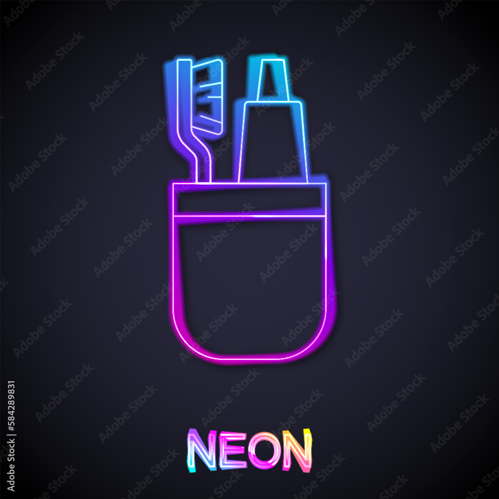 Glowing neon line Toothbrush and tube of toothpaste icon isolated on black background. Disposable bathroom supplies. Vector Glowing neon line Toothbrush and tube of toothpaste icon isolated on black background. Disposable bathroom supplies. Vector