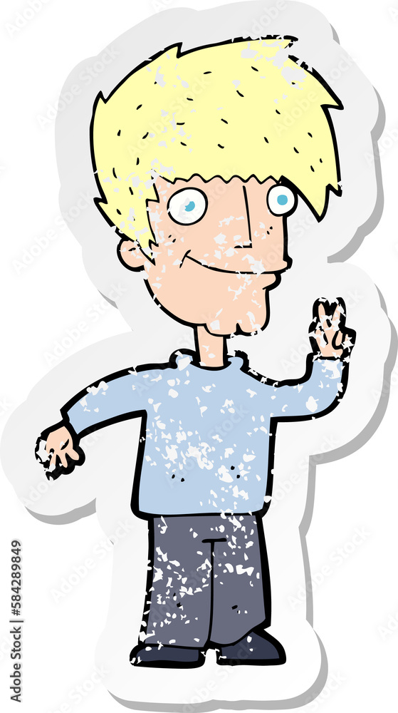 retro distressed sticker of a cartoon man giving peace sign retro distressed sticker of a cartoon man giving peace sign